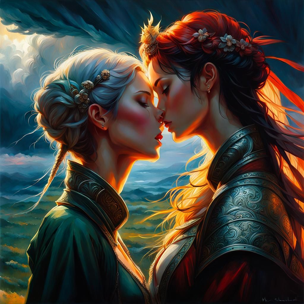 Passionate Kiss Under Stormy Skies: Oil Painting