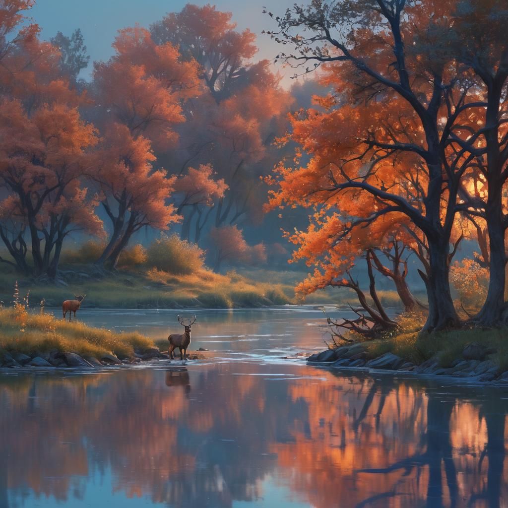 River Orchard with Deer in Ink Splash Art