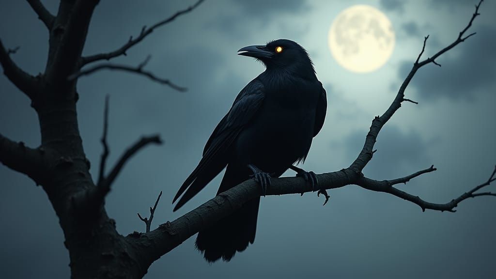 Menacing Crow Perched on Barren Tree Branch
