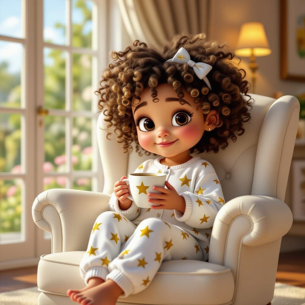 Pixar-Style Girl with Coffee in Cozy Room