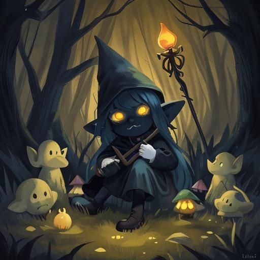 Gnome with Staff in Mystical Forest, Fauvist Colors