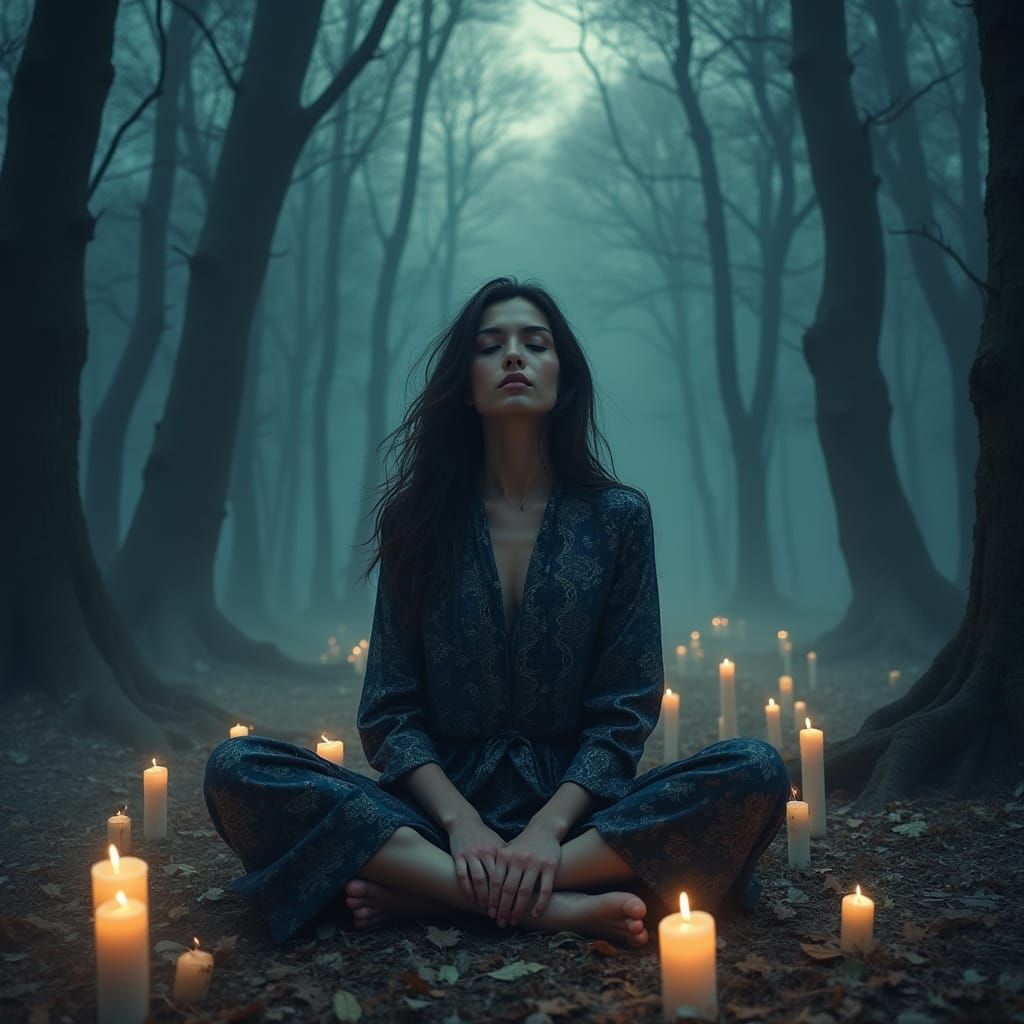 Meditative Woman in Moonlit Forest