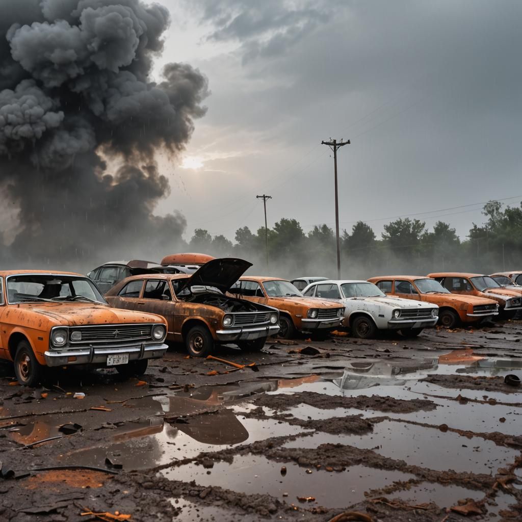 Gritty Car Part Graveyard: Rust, Chrome, and Debris