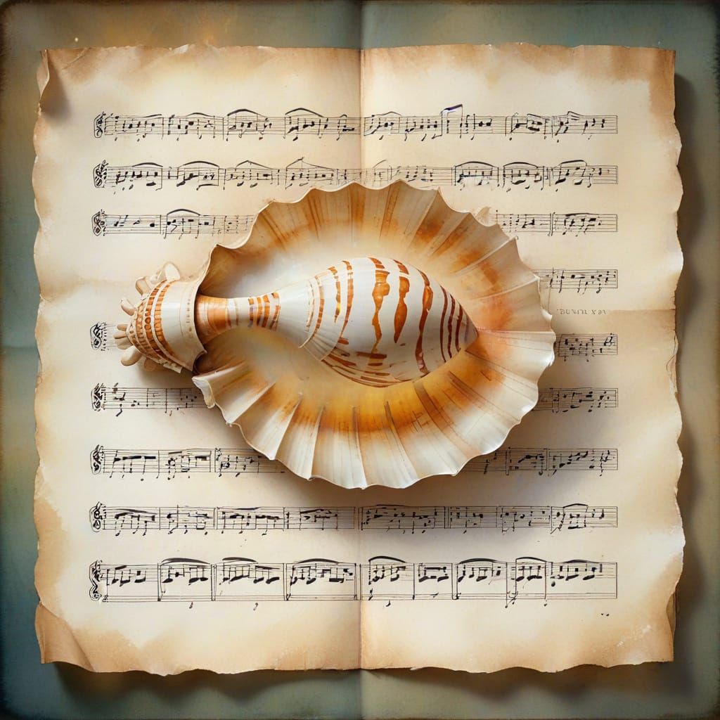 Tiger Cowry Shell on Faded Music Sheet in Dreamlike Mist