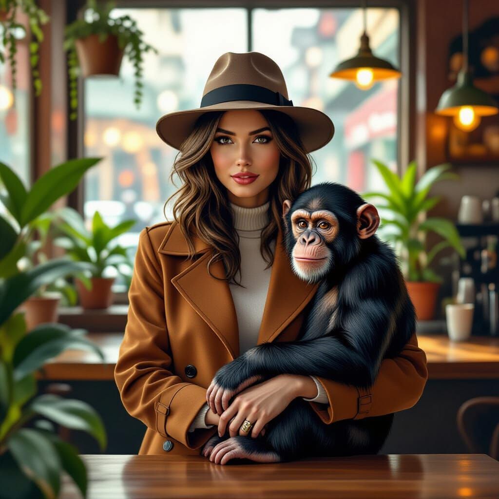 Woman and Chimp in Coffee Shop, Digital Art
