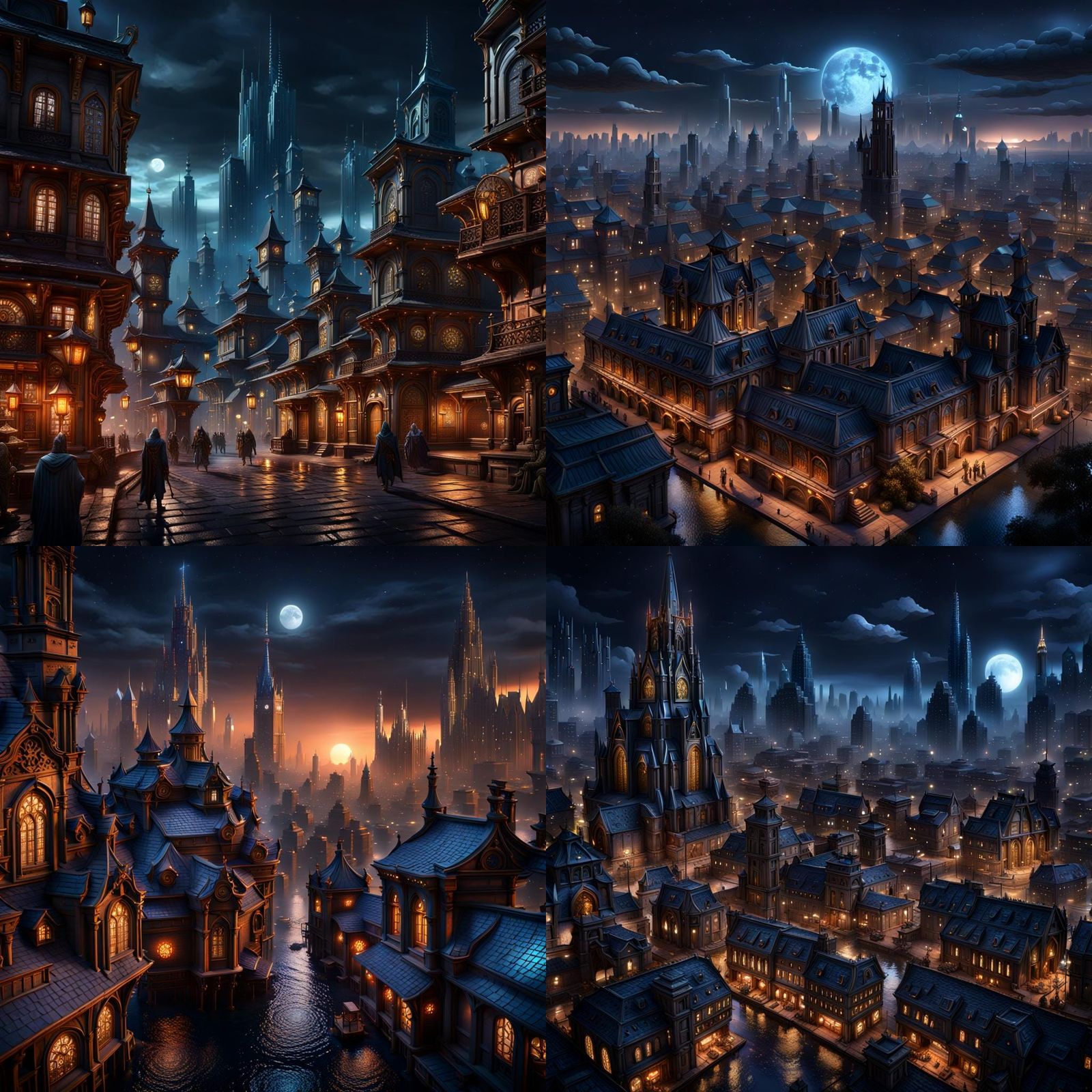Fantastical Cityscape at Night in Detailed Matte Painting