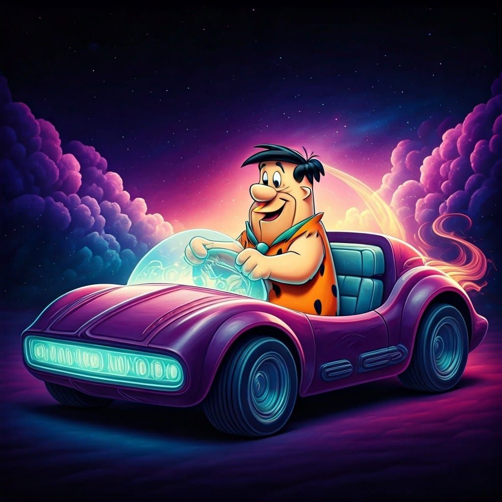 Fred Flintstone Drives Futuristic Car in Cosmic Art