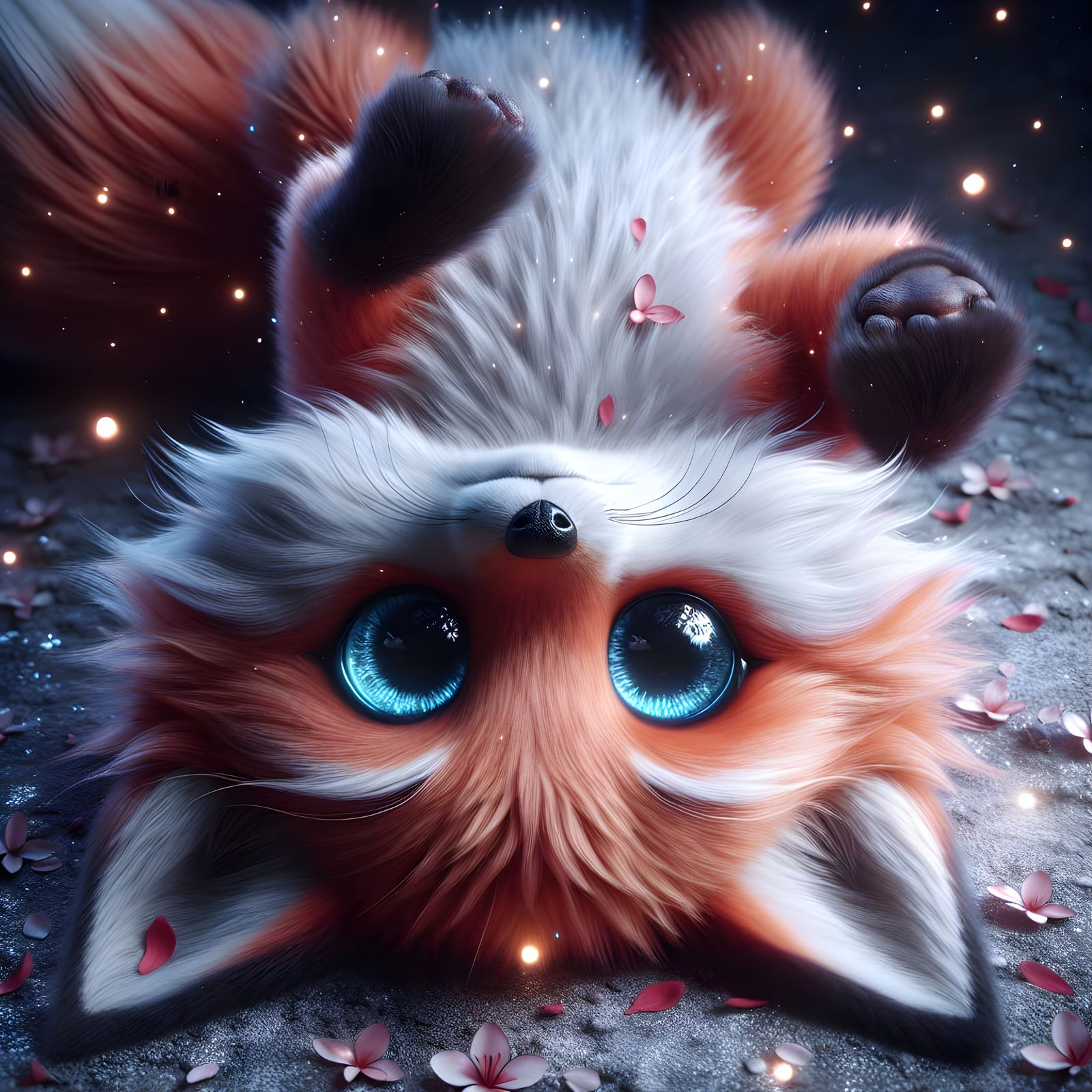 Adorable Red Fox with Fireflies and Sakura Petals