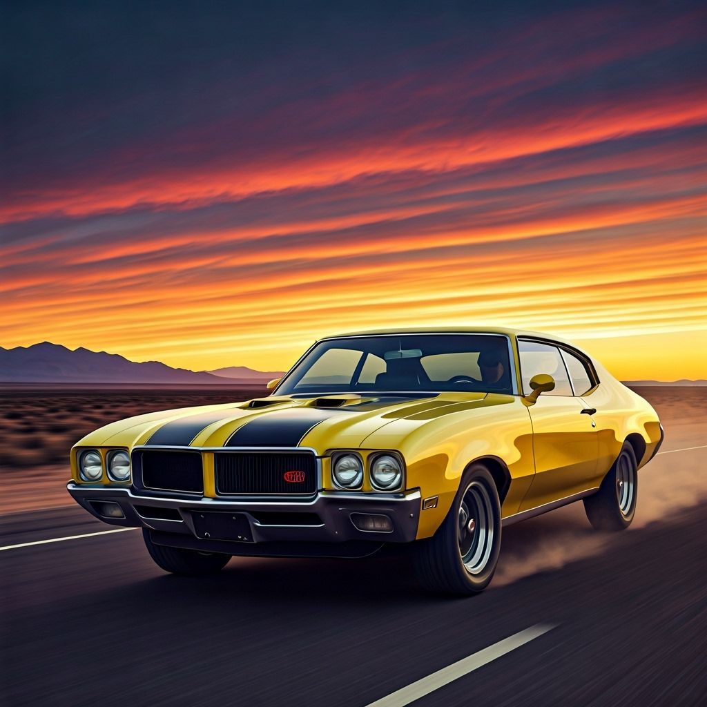 1971 Buick GSX Roaring Down Desert Highway at Sunset