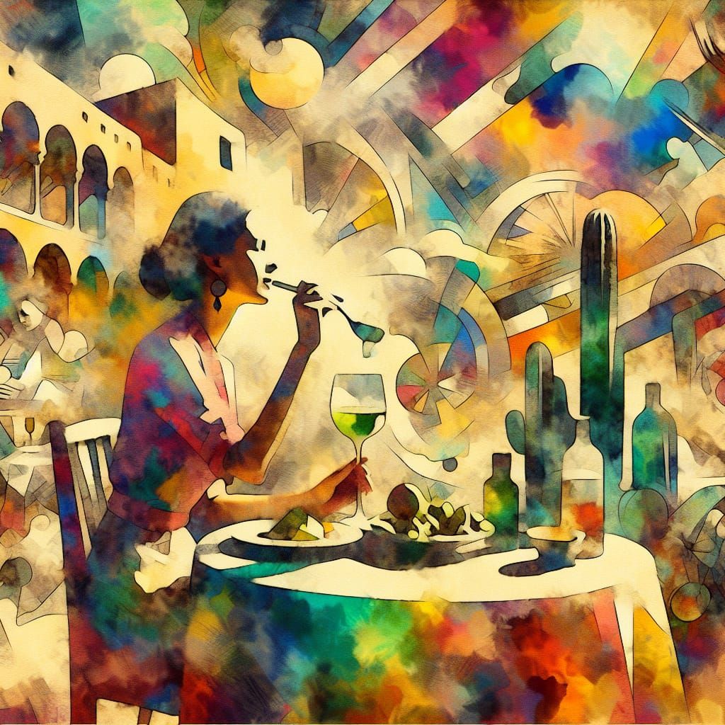 Colorful 1960s Taos Scene in Watercolor Collage Style