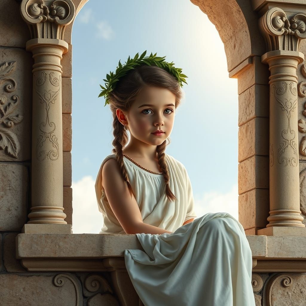 Classical Greek Princess Girl Sitting on Gothic Window in An...