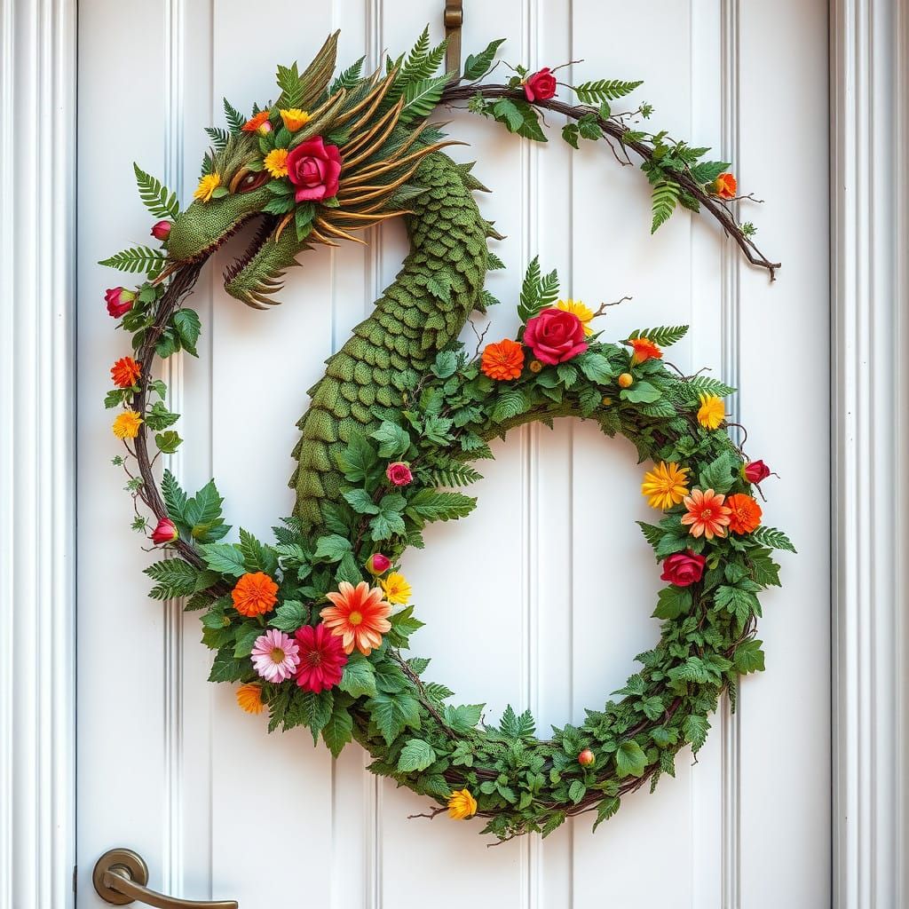 Dragon Wreath of Foliage and Flowers in Graffiti Art