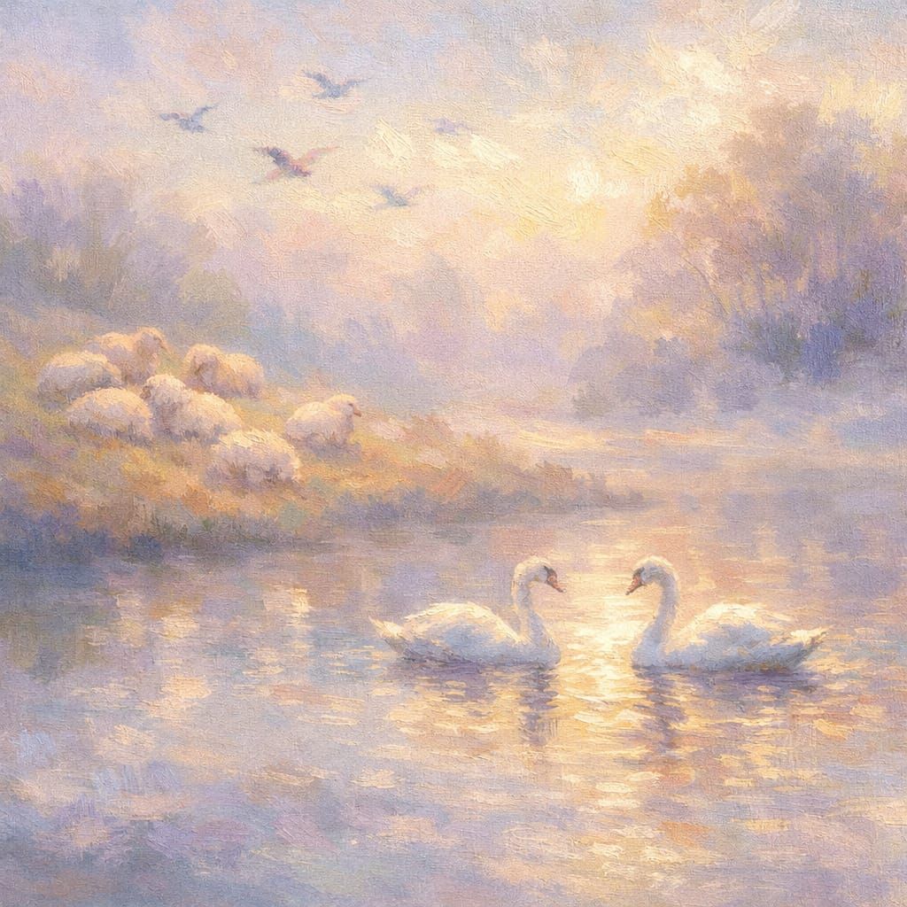 Impressionist Dawn Landscape with Swans and Sheep