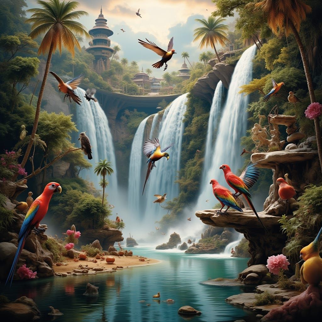 Surreal Jungle Waterfalls with Birds in Vibrant Colors