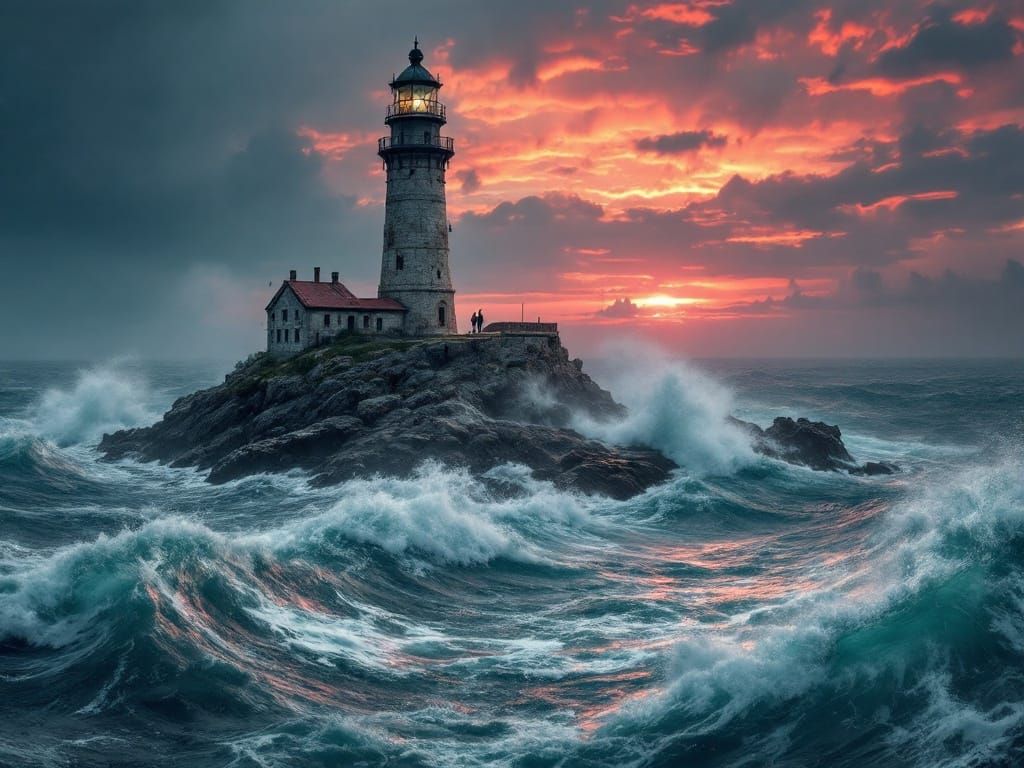 Ancient Lighthouse in Turbulent Stormy Sea