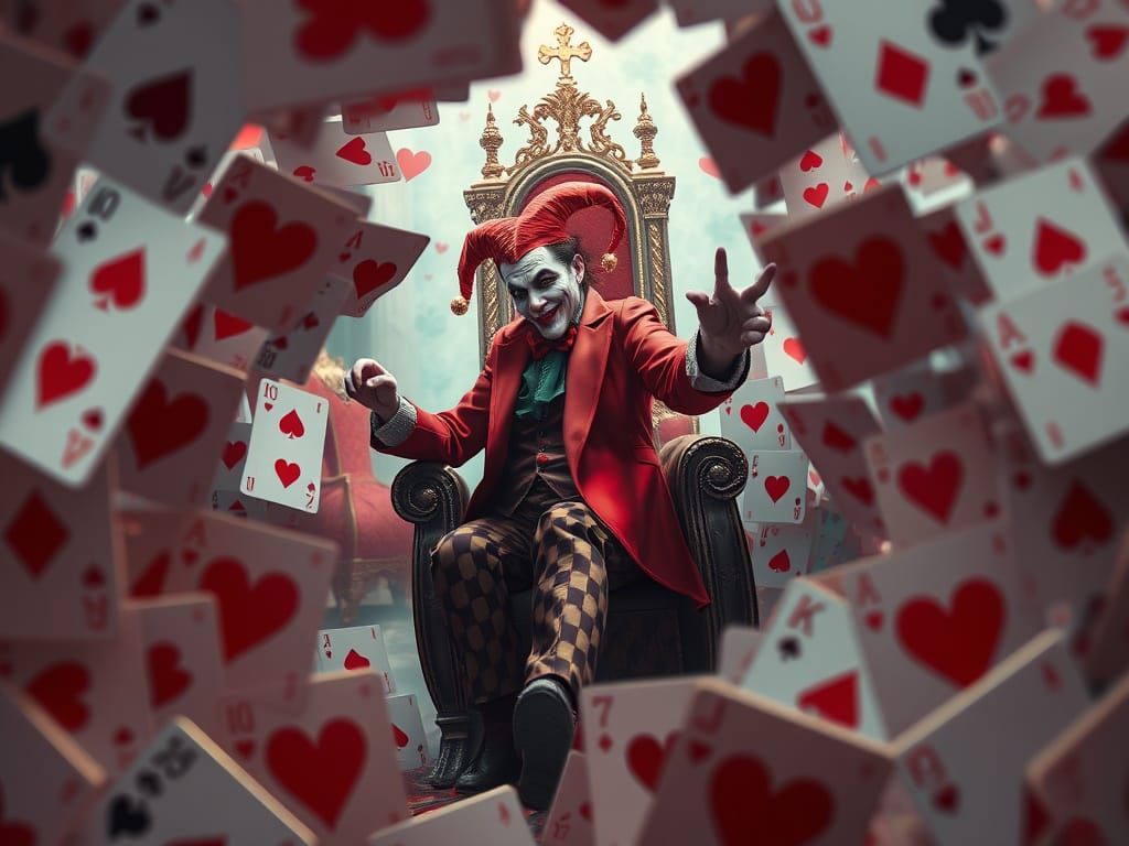 Joker Dances Before Queen of Hearts on Throne