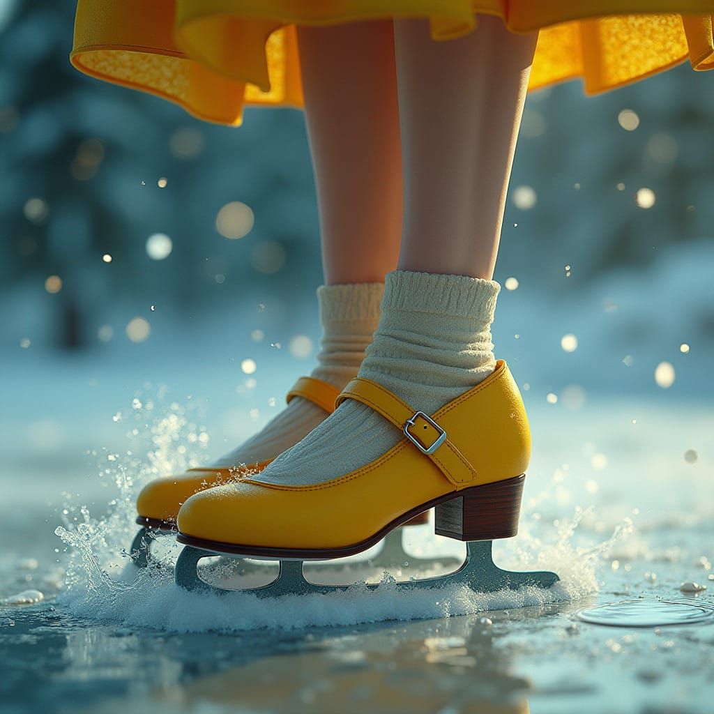 Surreal Winter Wonderland with Dreamy Yellow Ice Skates