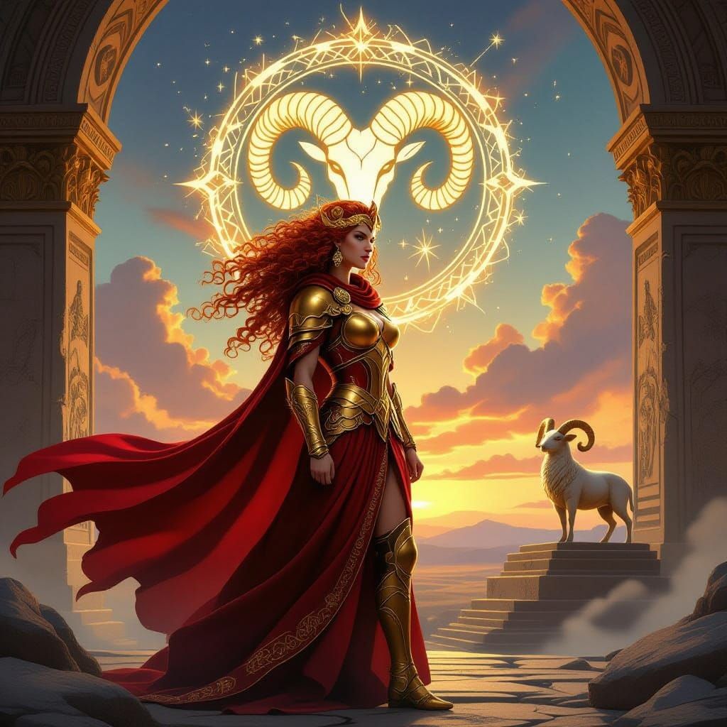 Epic Fantasy Aries Goddess with Fiery Aura and Ancient Ram P...