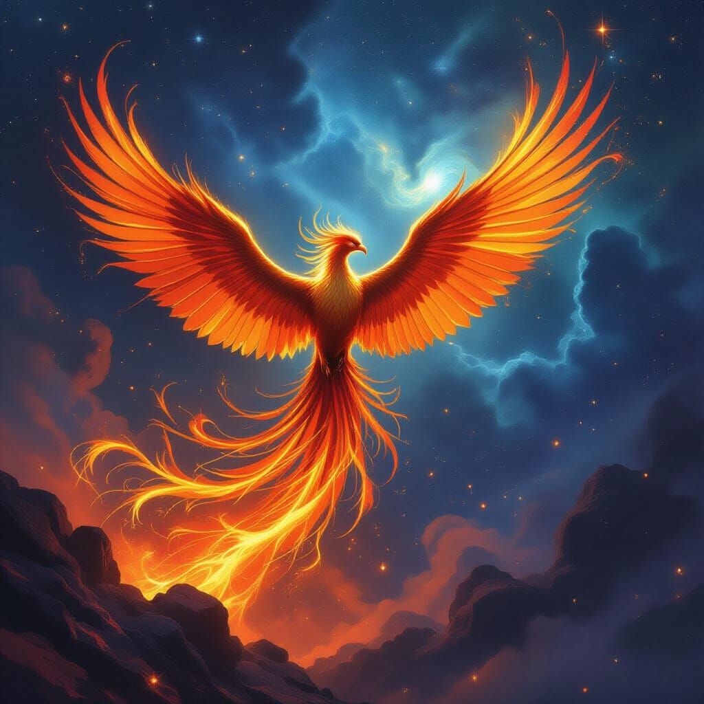Phoenix Rising from Ashes in Cosmic Nebula, Fantasy Art