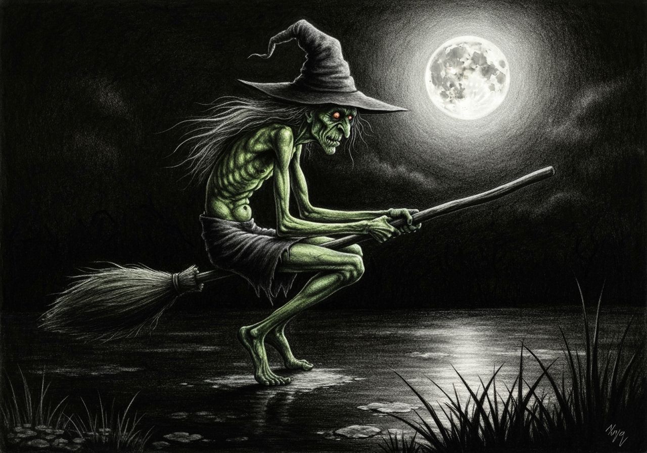 Swamp Witch on Broomstick in Moonlit Gloom
