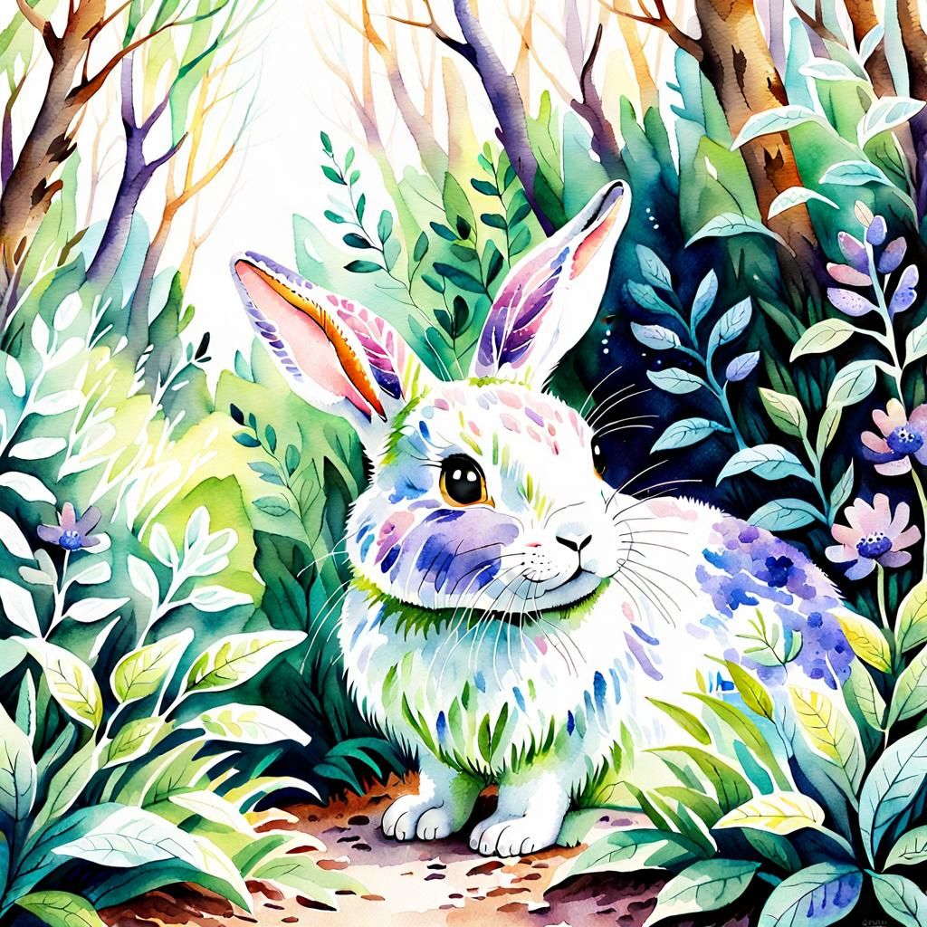 Whimsical Rabbit in Forest, Watercolor Illustration