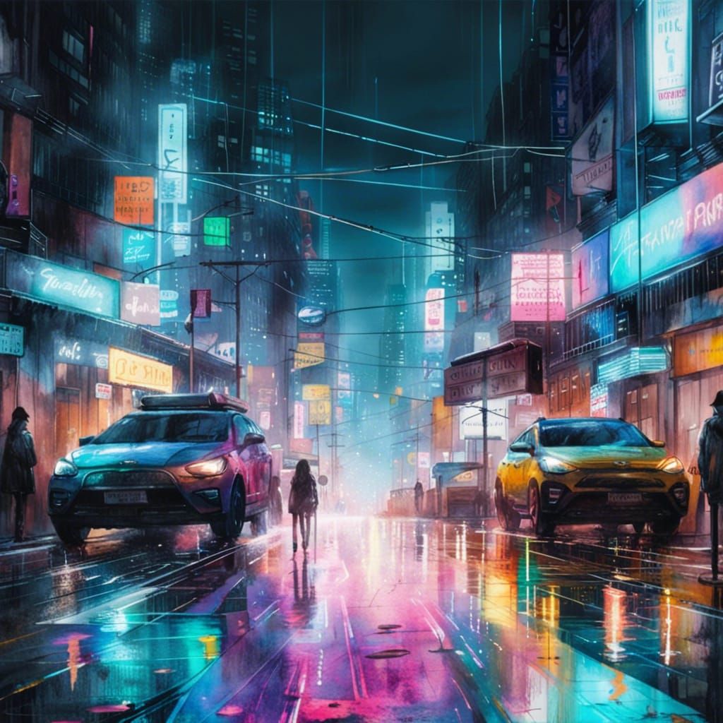 Neon City Street at Night in Watercolor Style
