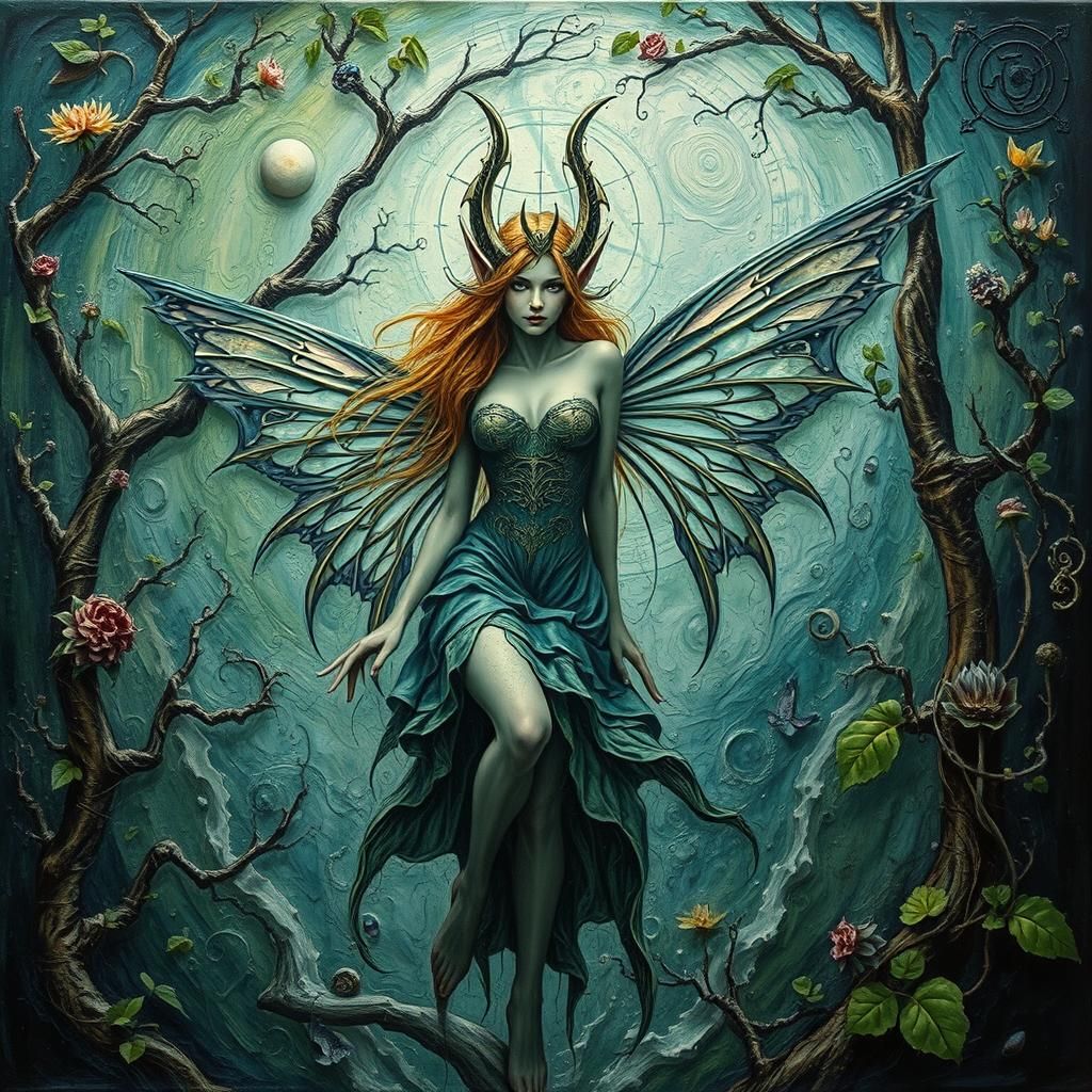 Ethereal Fairy Elf in Sylvan Impasto Landscape