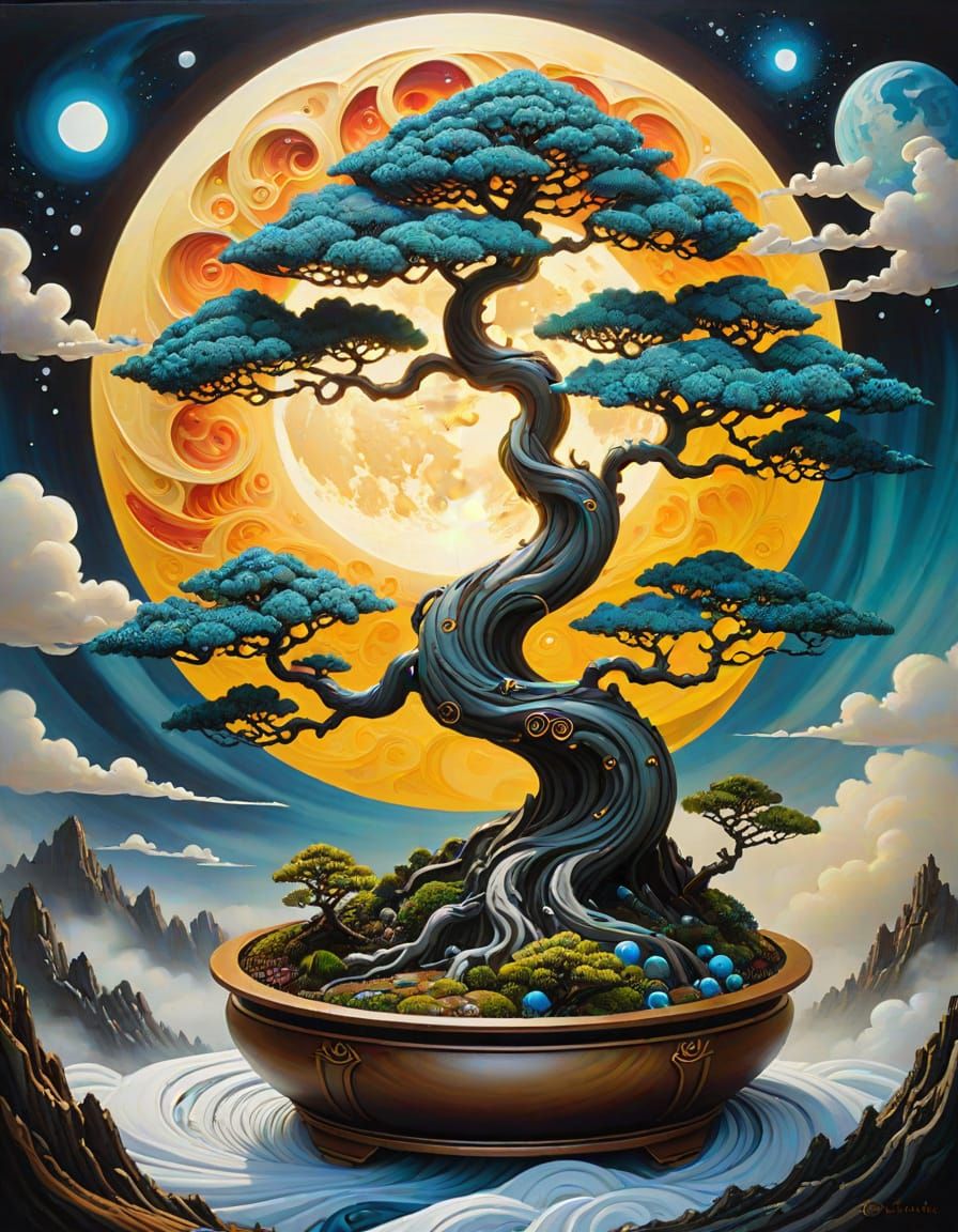 Cyberpunk Fractal Moon Over Bonsai Landscape