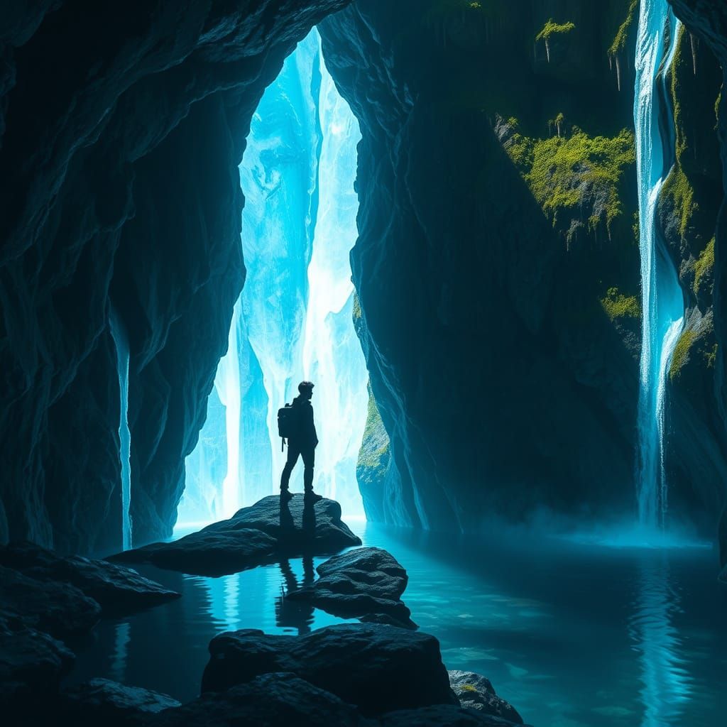 Ethereal Crystal Cave with Lone Traveler Silhouette