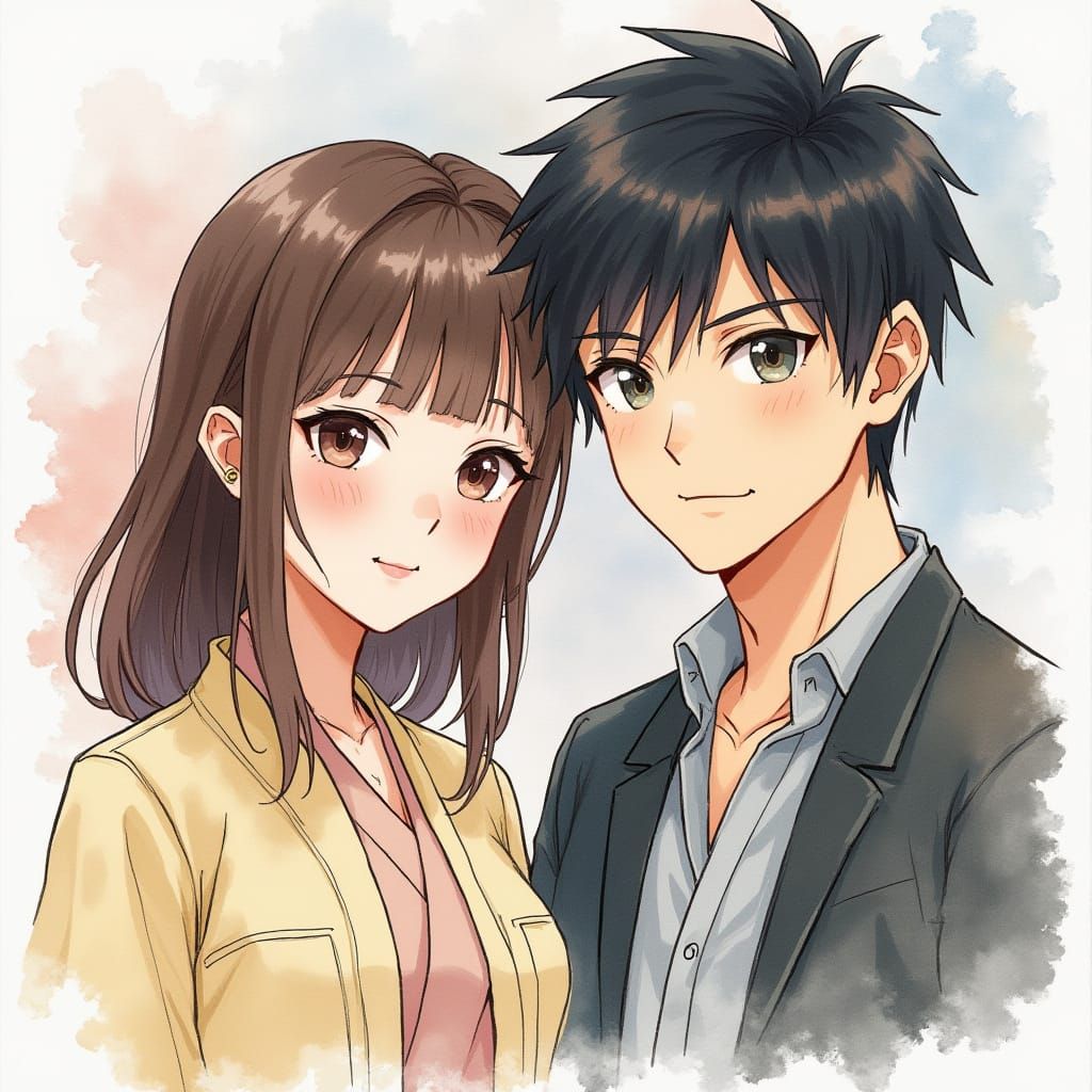 Anime Couple Portrait in Vibrant Watercolor