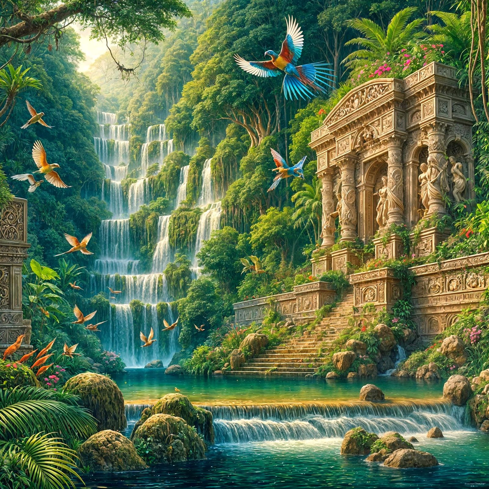 Enchanted Jungle Oasis in Art Nouveau Style