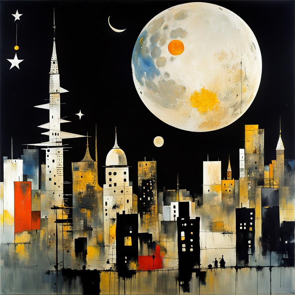 Surreal Cityscape Under Cosmic Moon
