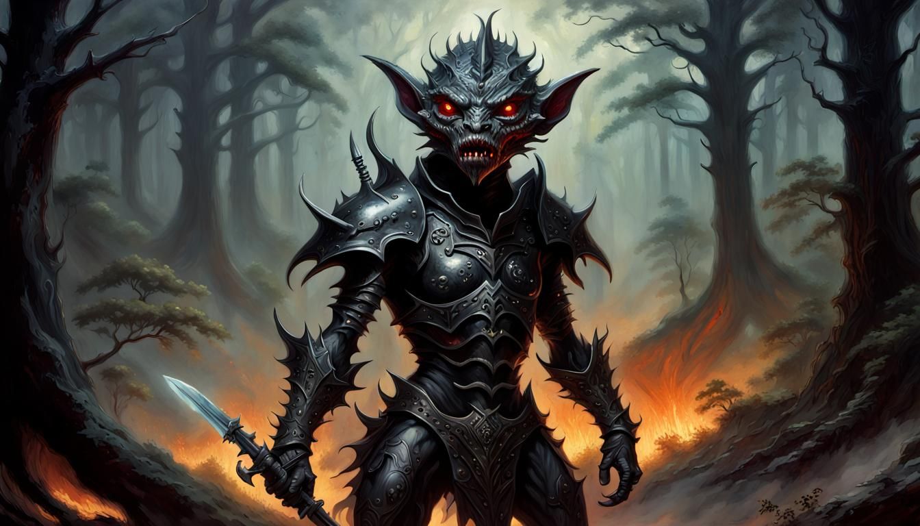 Sinister Metallic Demon in Ethereal Forest Landscape