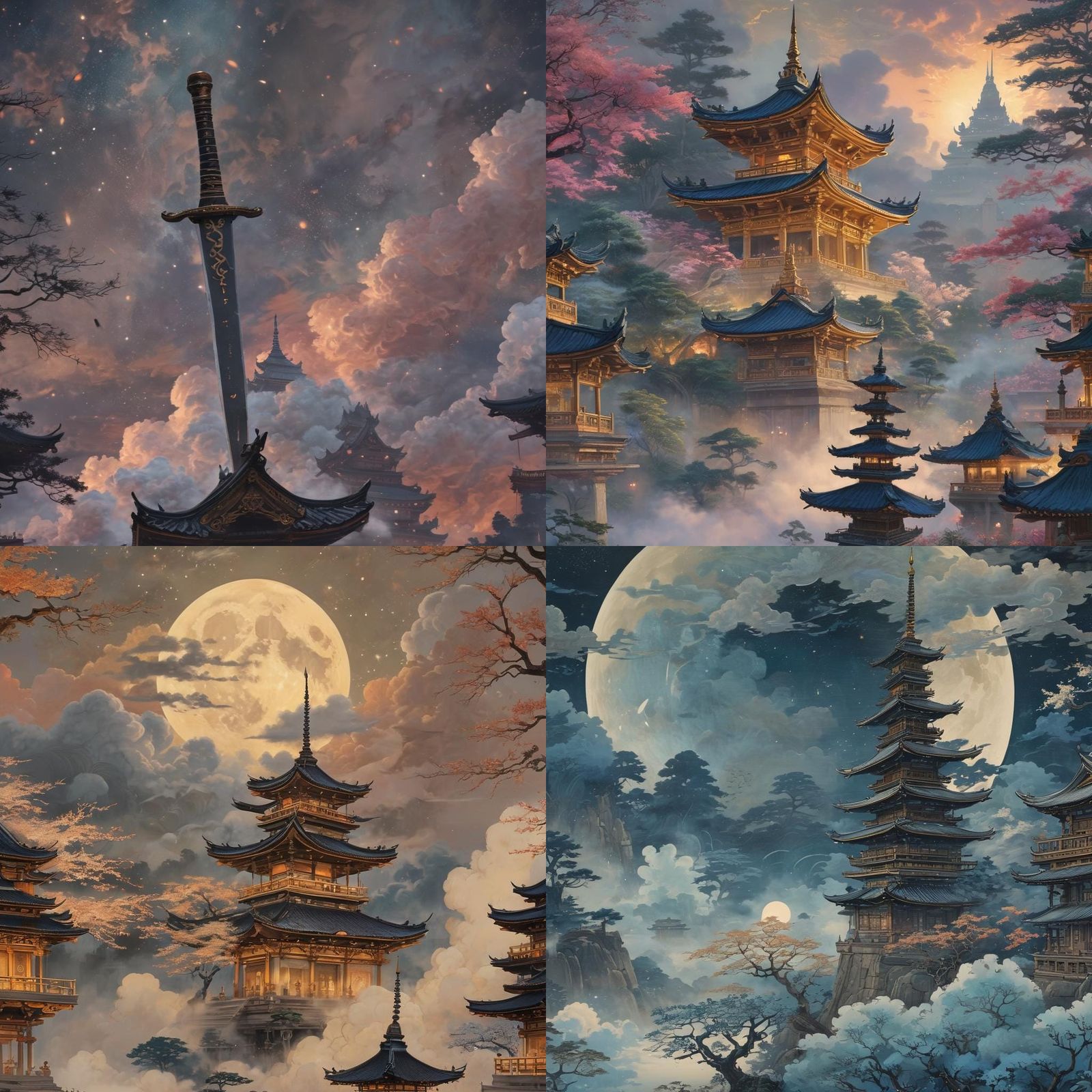 Mystical Javanese Keris Floating Above Temple in Ukiyo-e Sty...