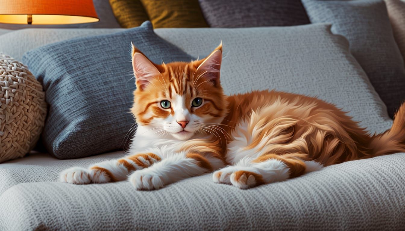Cute Orange Tabby Kitten Relaxing on Bed in Painterly Style