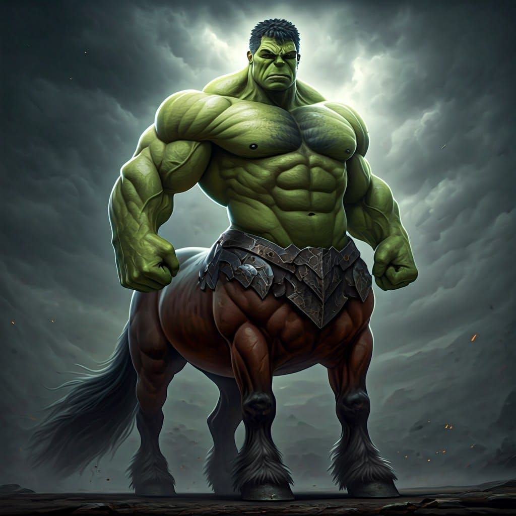 Hyperrealistic Hulk Centaur in Stormy Landscape