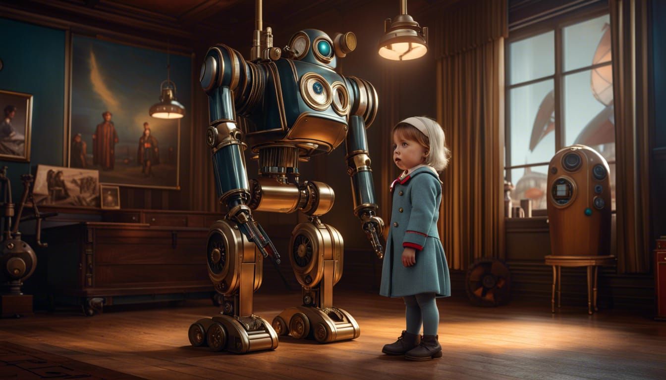 Dieselpunk Mary Poppins Robot with Toddler, Photorealistic