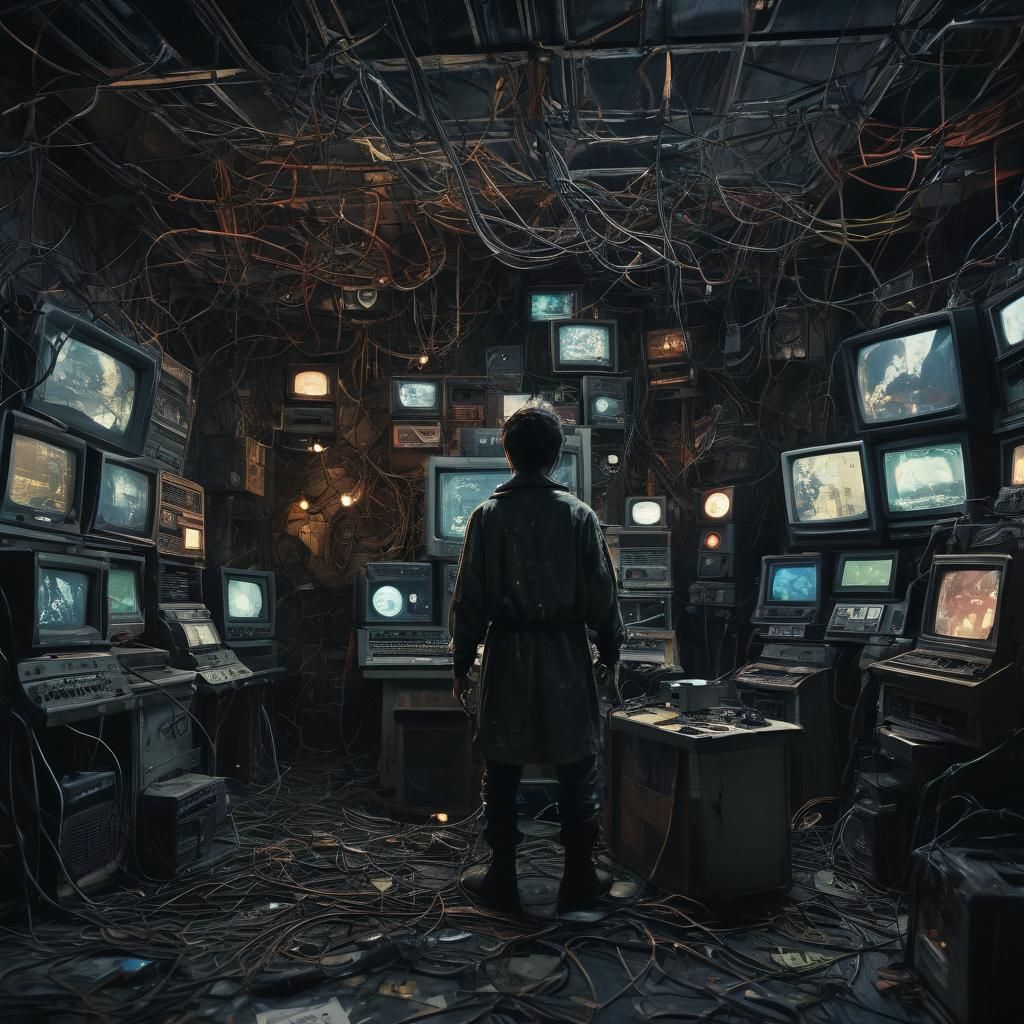 Dystopian Jester in Media Control Room