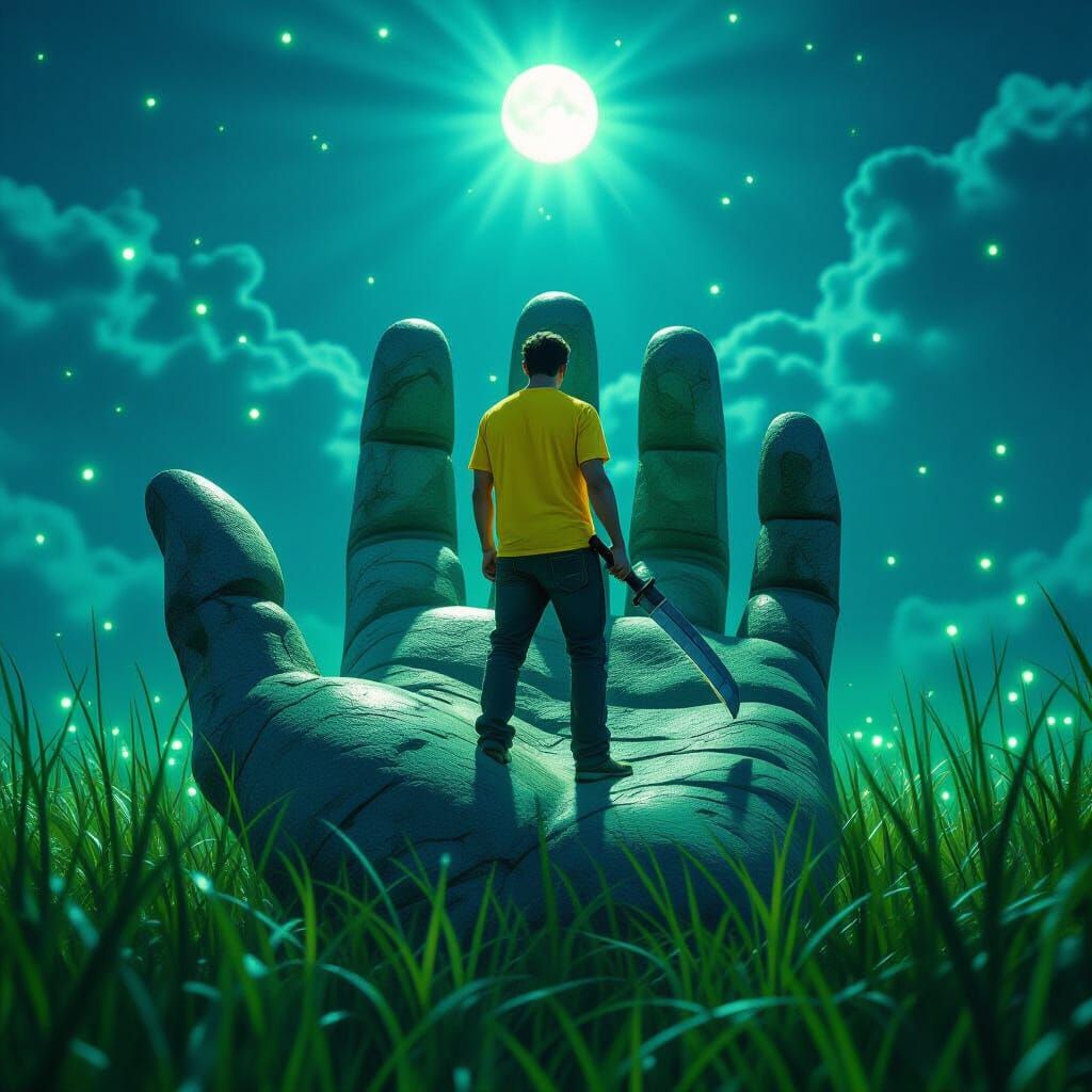 Man with Machete on Giant Stone Hand