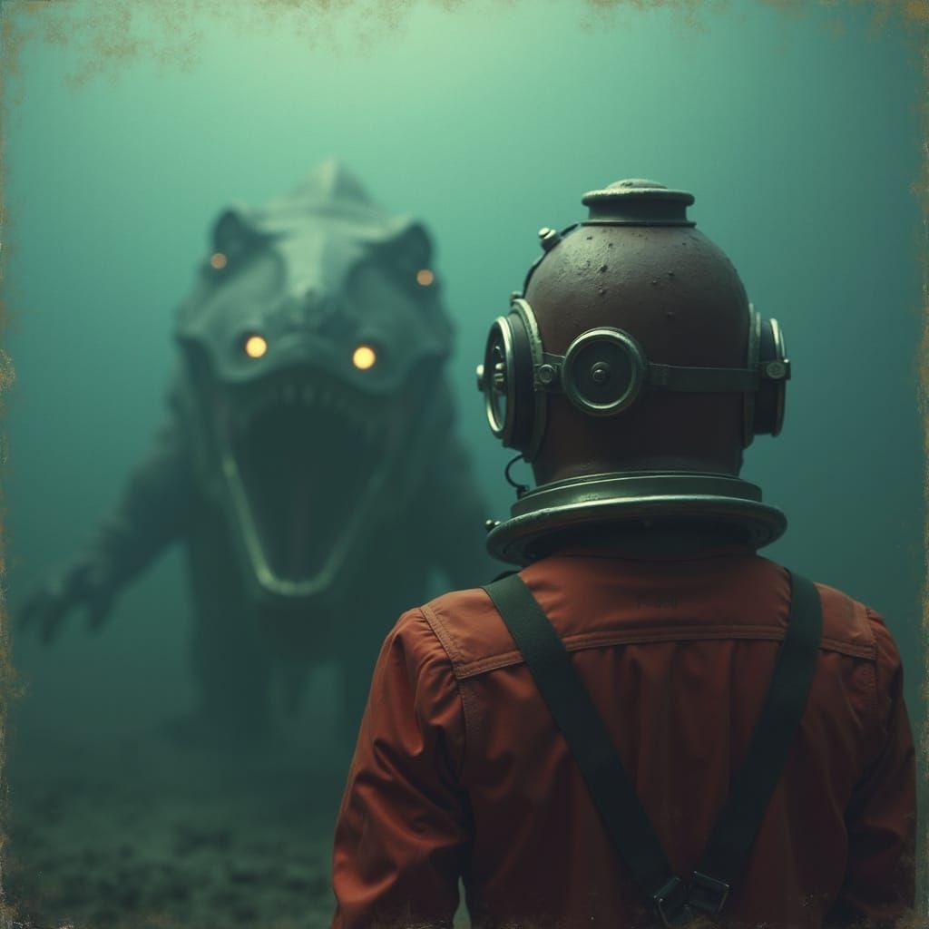 Vintage Diver Confronts Glowing Mosasaurus in Deep Sea