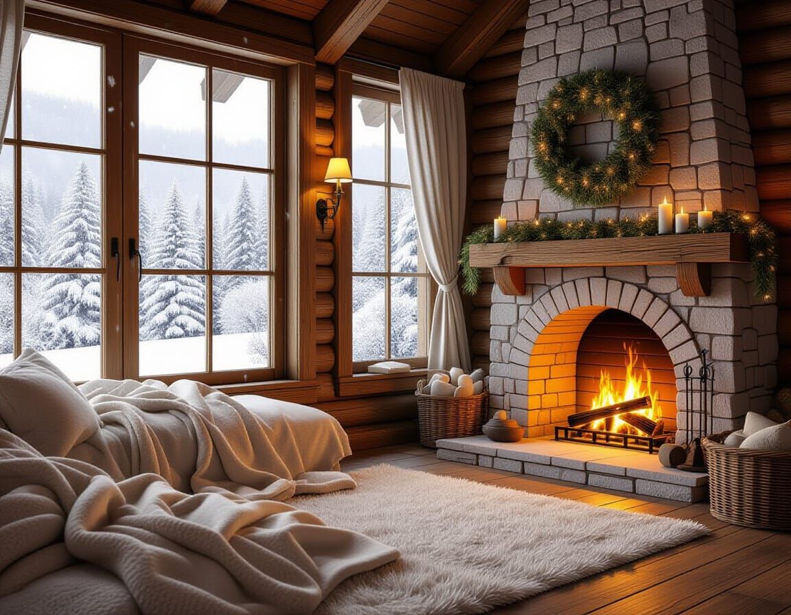 Cozy Cabin Interior with Fireplace and Snowfall