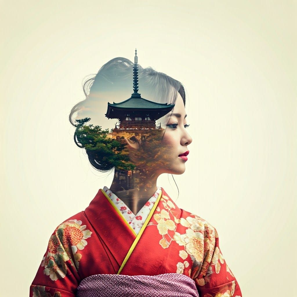 Japanese Woman and Temple in Double Exposure Style