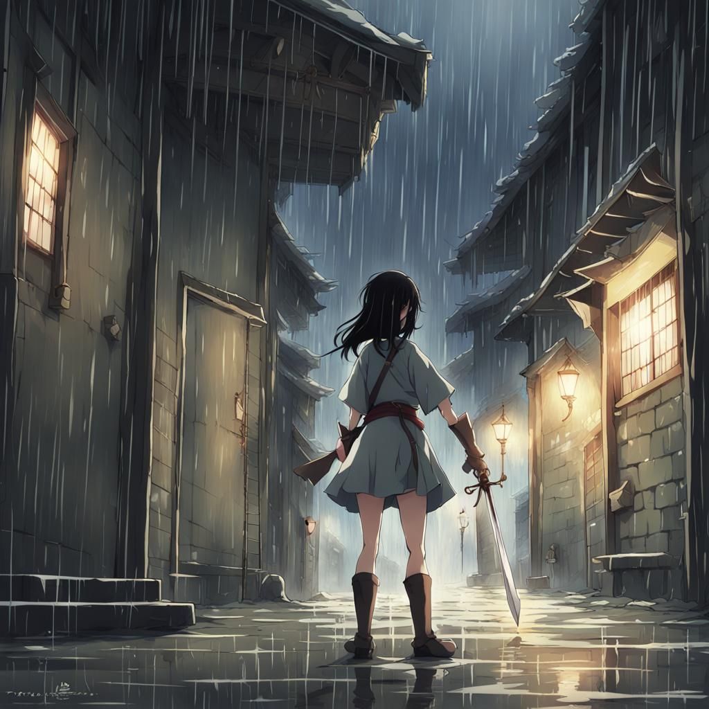 Anime Girl Hiding from Soldiers in the Rain