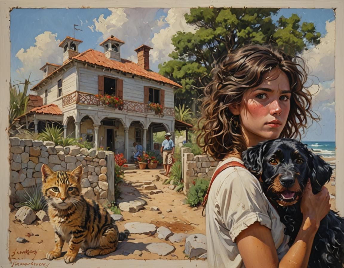 Woman and Dog in Oil Painting Style