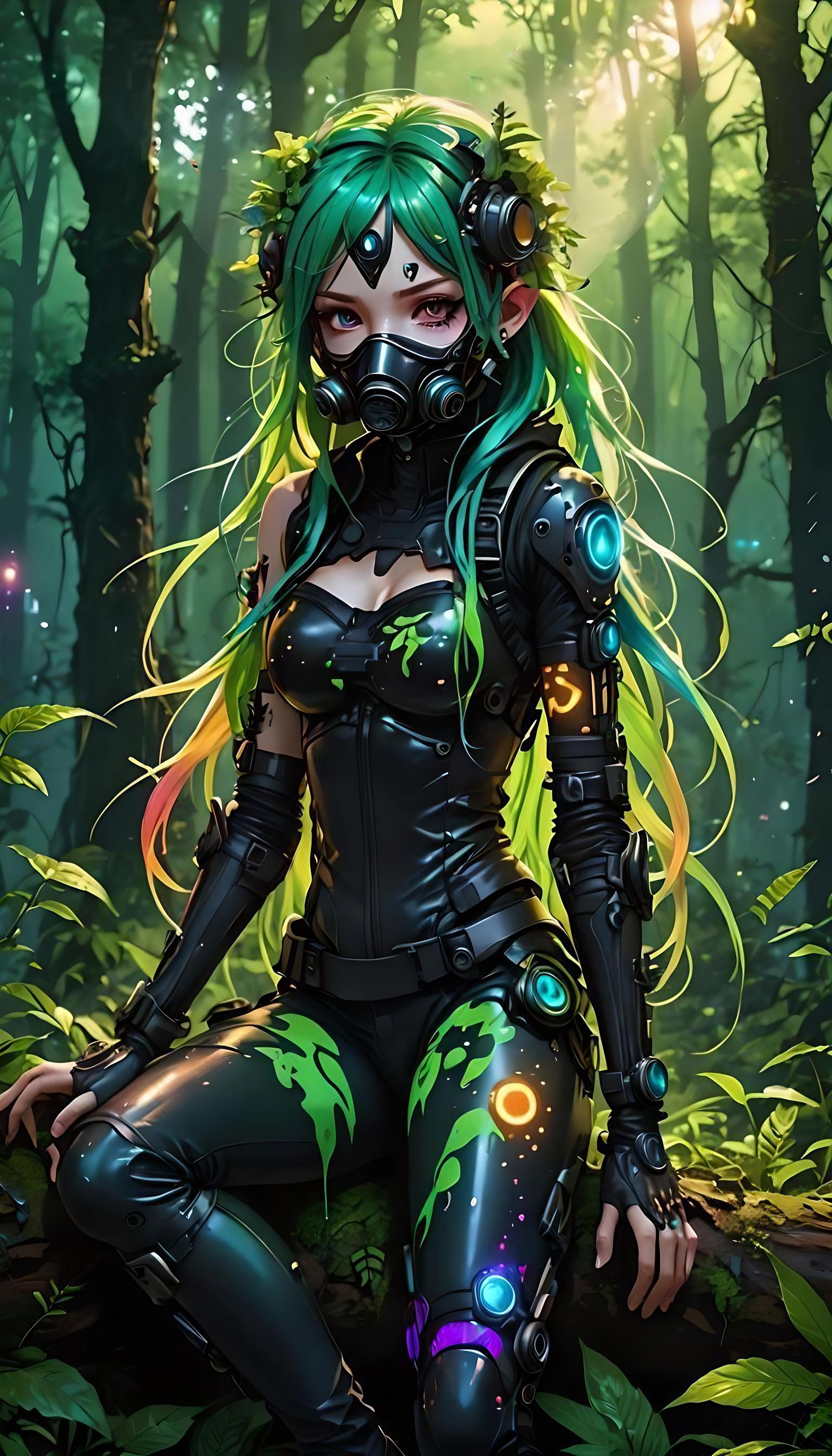 Biopunk Anime Fairy with Gas Mask at Sunset