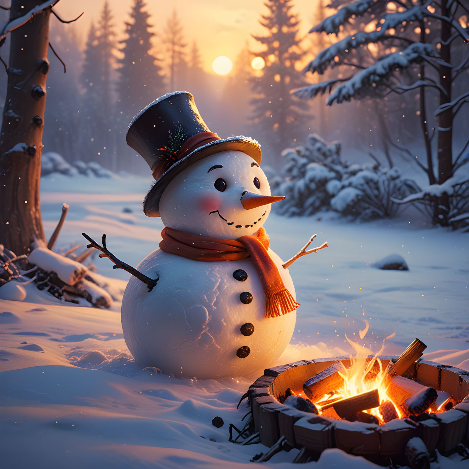 Whimsical Winter Scene: Melting Snowman by the Fire