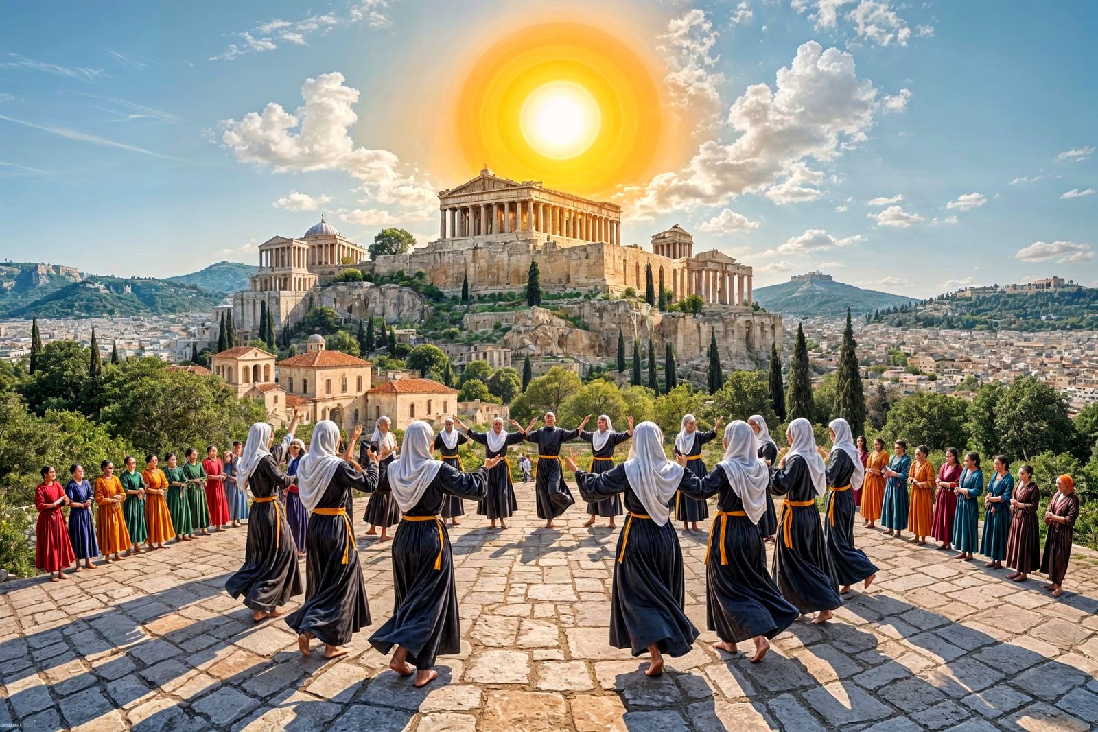 Monks and Nuns Dance Sirtaki at the Acropolis