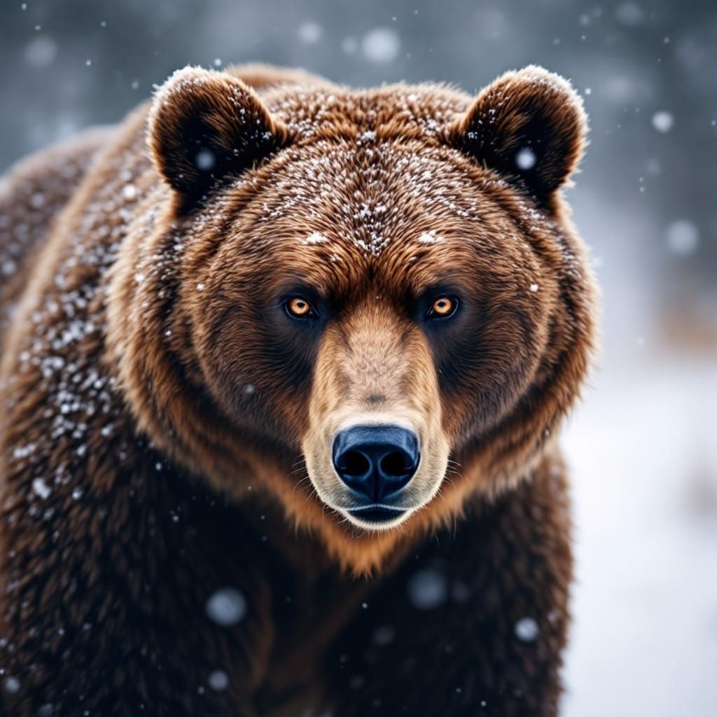 Brown Bear in Intense Snowy Gaze