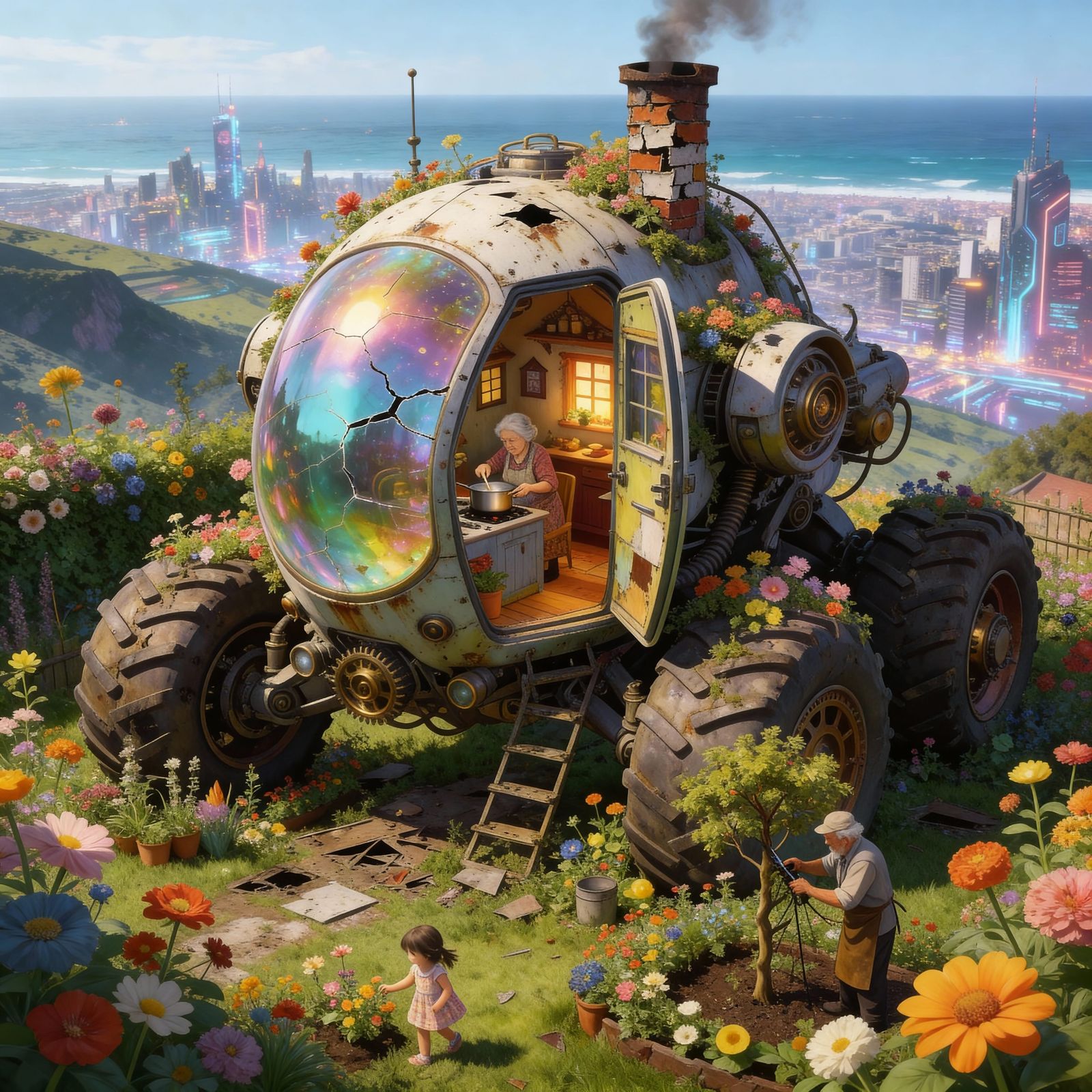 Steampunk Mech Garden with Old Woman Cooking