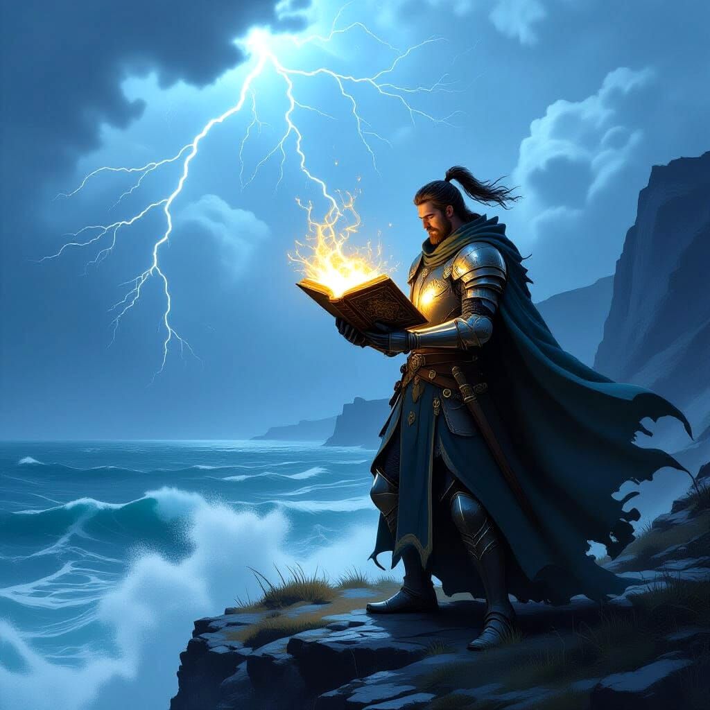 Epic Fantasy Knight with Glowing Book on Stormy Cliff